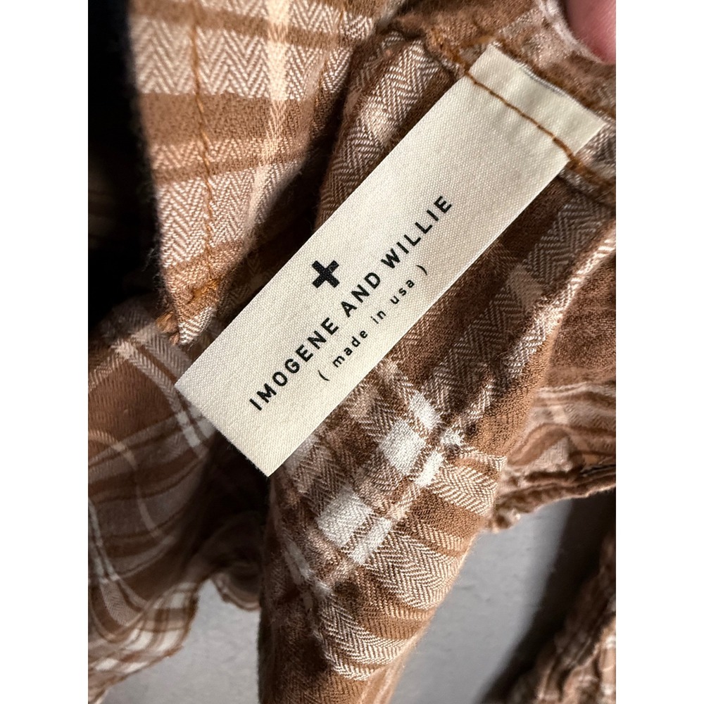 Imogene and‎ Willie Earl Puckered Flannel Top Unisex M Brown Plaid Button Down - Picture 3 of 7